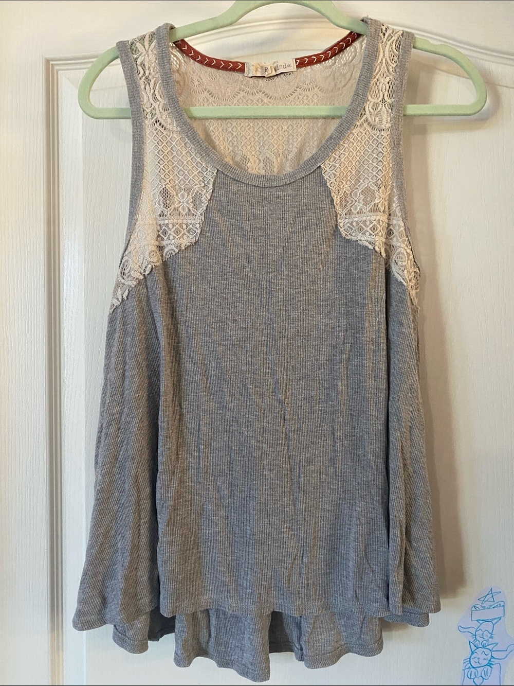 Rewind Gray Tank with Cream Lace Yoke Detail